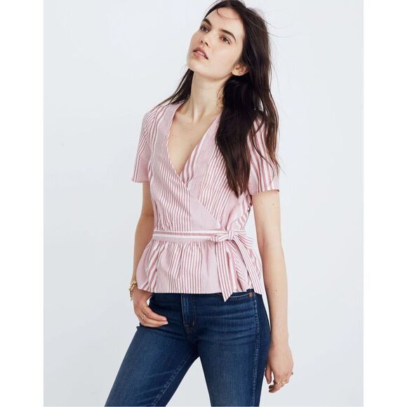 ✨Madewell Ruffle-Hem Wrap Sz XS Top in Stripe Mix✨ - Picture 1 of 14